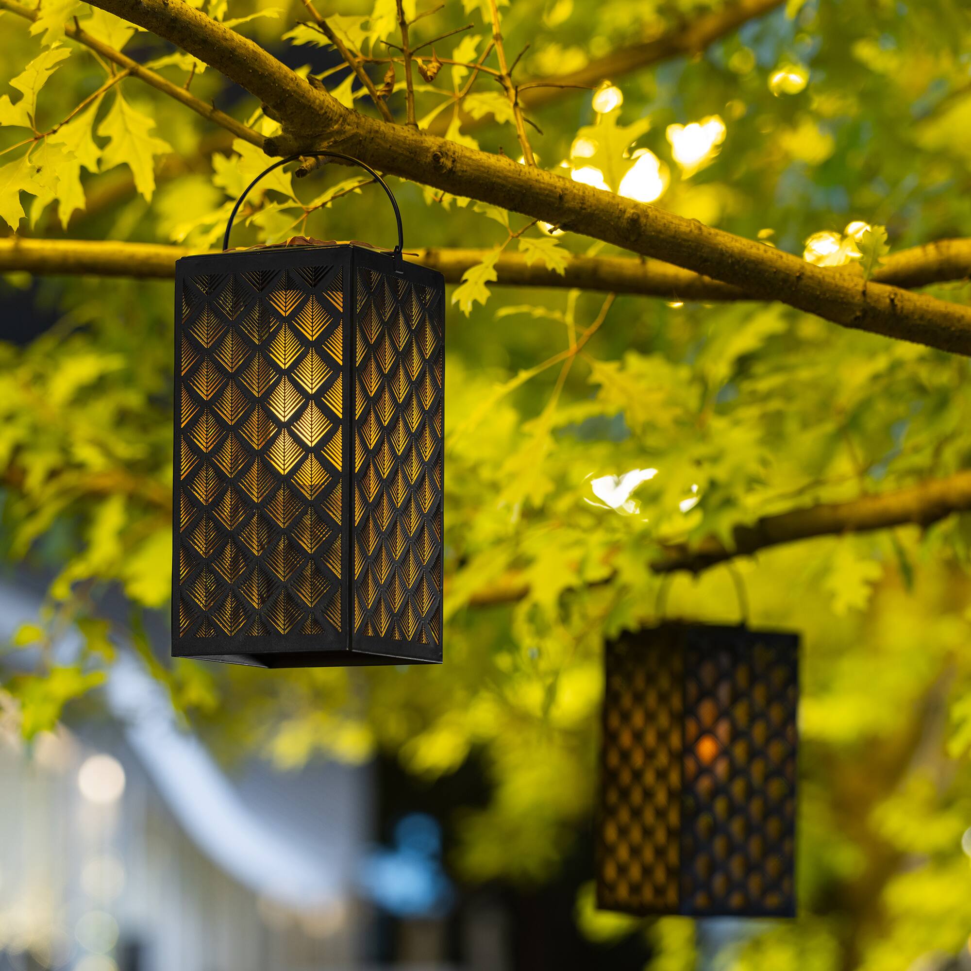 Glitzhome® 11" Set of 2 LED Black Square Textured Glass Solar Powered Hanging Lantern